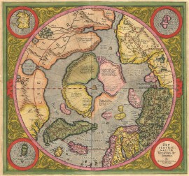 north-pole-mercator Septentrionalium Terrarum Descriptio, Gerard Mercator, 1611. A polar projection showing islands and open water at the North Pole.